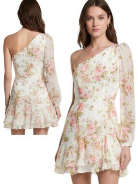 Yumi Kim Chrissy Mini Dress Ivory Floral One Shoulder Ruffle S